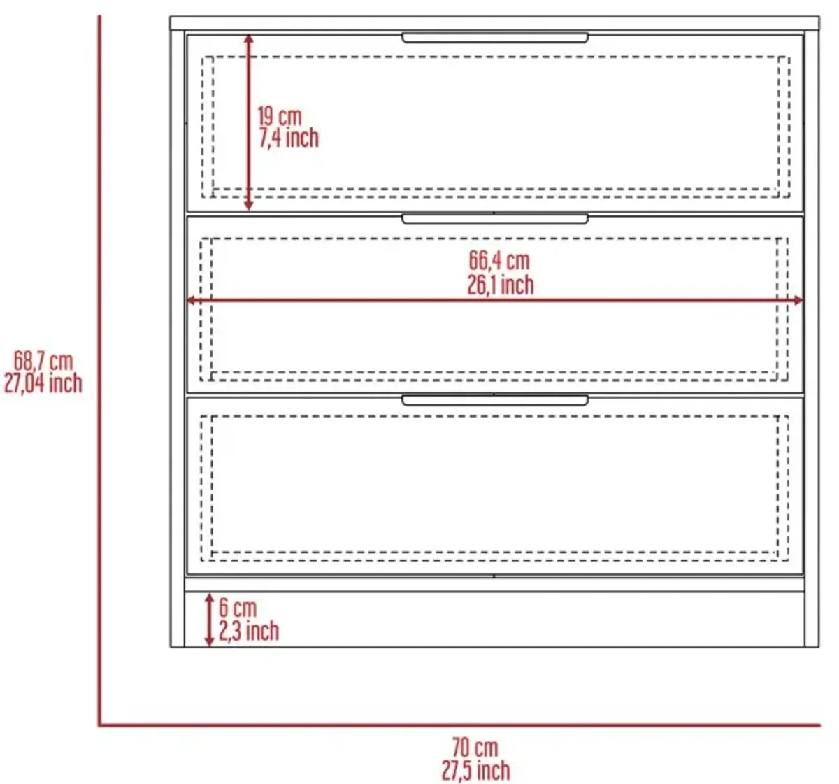 3 Drawers Dresser Maryland, Superior Top, Light Gray Finish