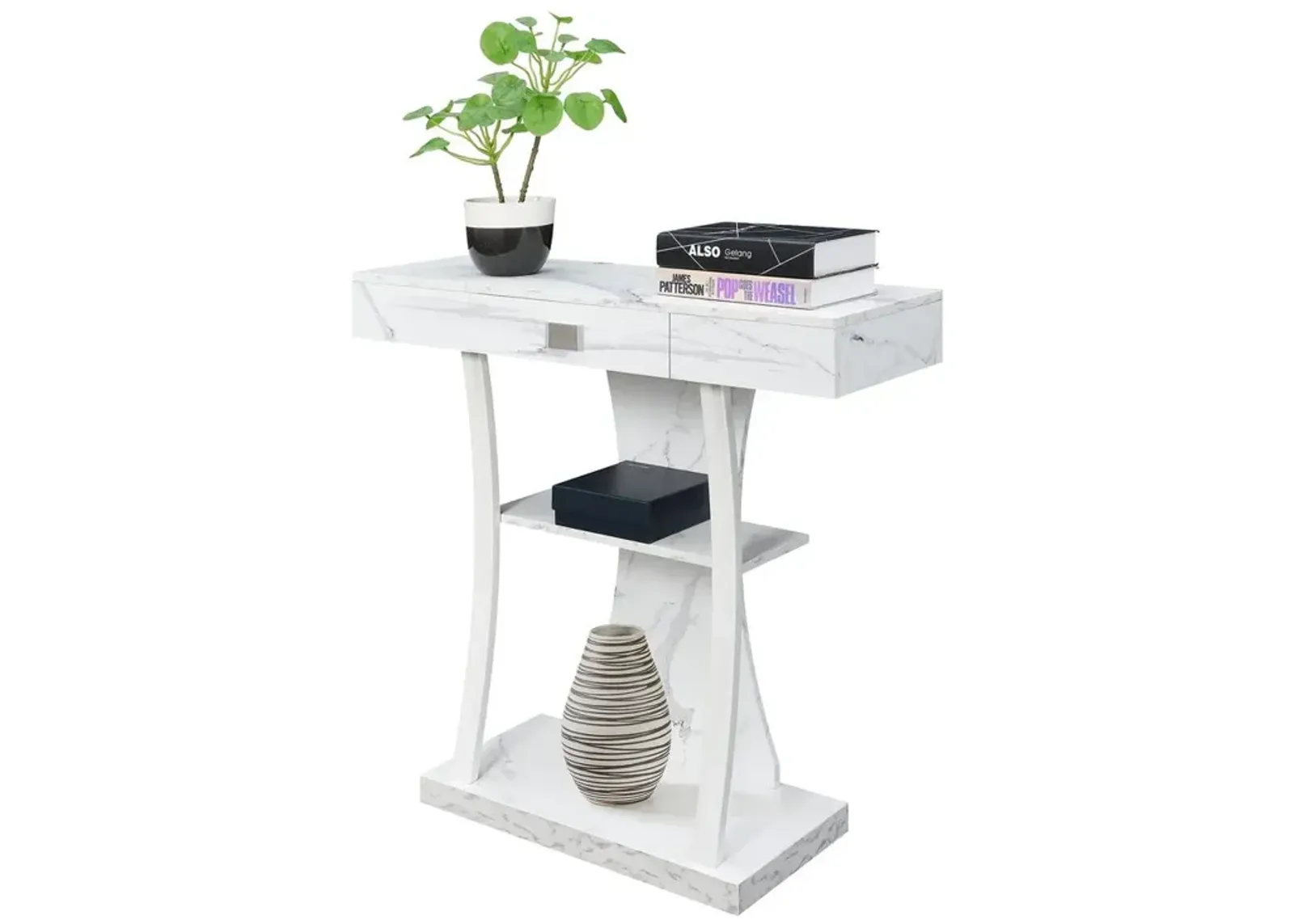 Convenience Concepts Newport 1 Drawer Harri Console Table with Shelves, White Faux Marble/White Base