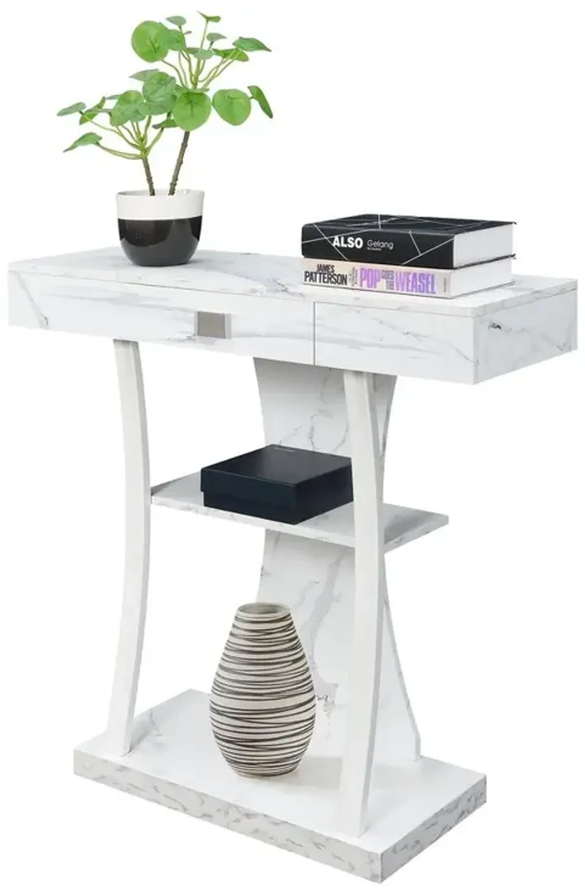 Convenience Concepts Newport 1 Drawer Harri Console Table with Shelves, White Faux Marble/White Base