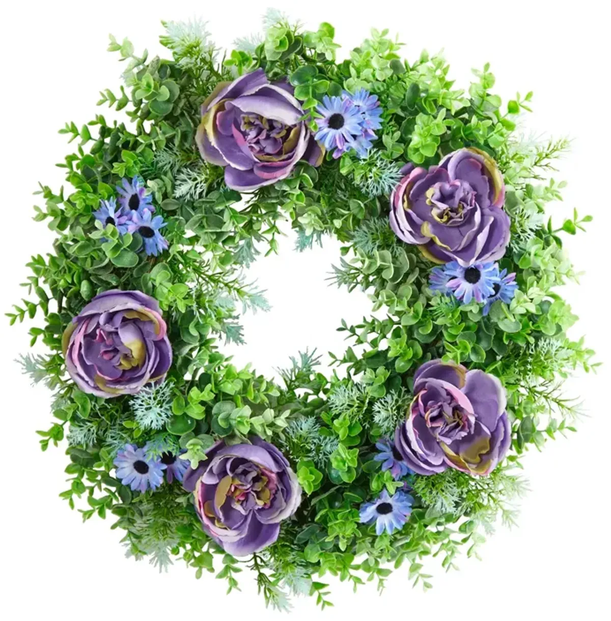 Nearly Natural 22-in Purple Rose, Blue Daisy and Greens Artificial Wreath