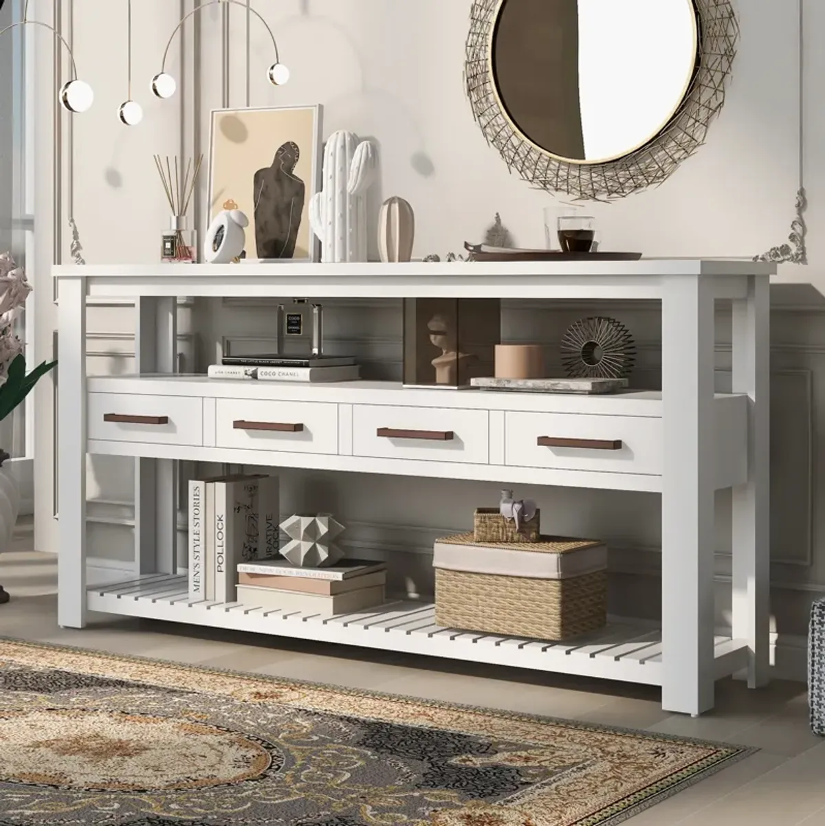 Modern Console Table Sofa Table for Living Room with 4 Drawers and 2 Shelves