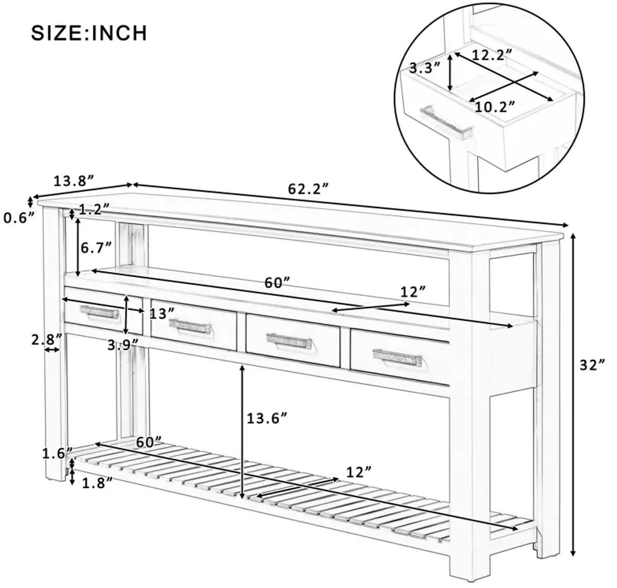 Modern Console Table Sofa Table for Living Room with 4 Drawers and 2 Shelves