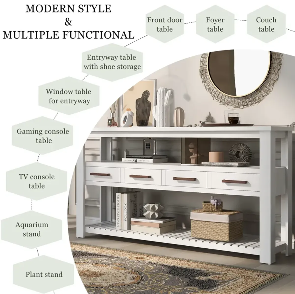 Modern Console Table Sofa Table for Living Room with 4 Drawers and 2 Shelves