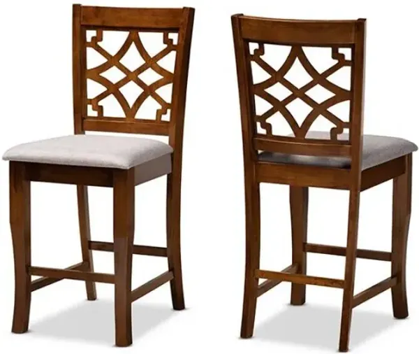 Grey Fabric Upholstered and Walnut Brown Finished Wood 2-Piece Counter Stool Set