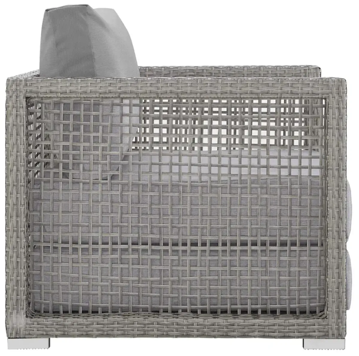 Aura Outdoor Patio Collection - Gray Gray Wicker Rattan Set with Aluminum Frame. Includes Side Table & 2 Armchairs. All-Weather Cushions for Maximum Comfort & Durability. Perfect for Casual Conversations & Unforgettable Moments.