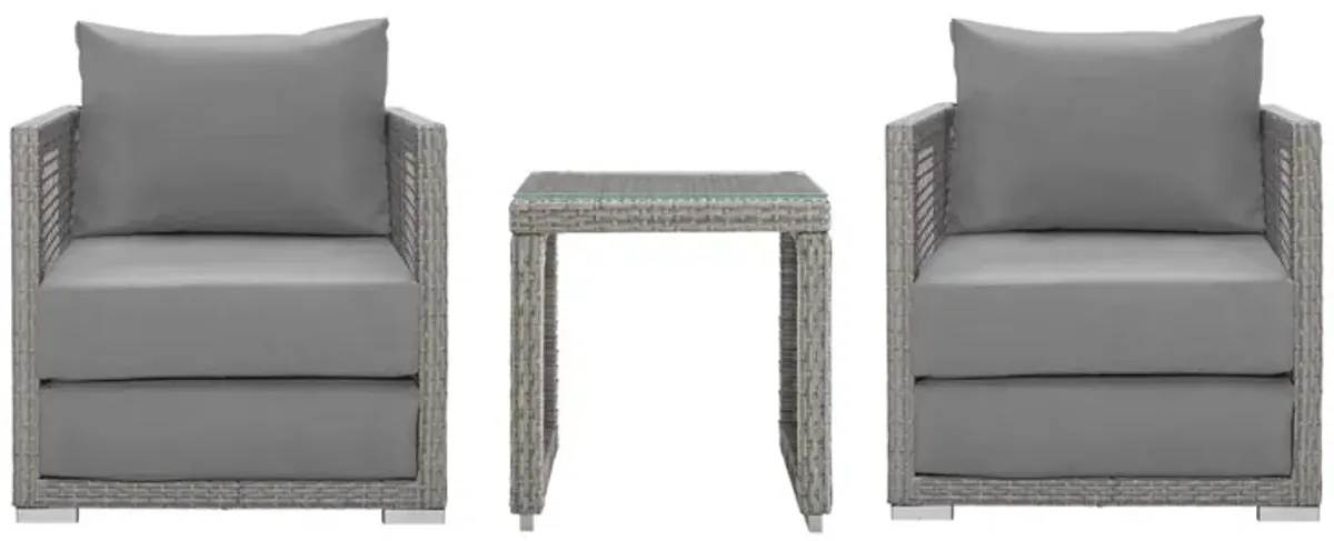 Aura Outdoor Patio Collection - Gray Gray Wicker Rattan Set with Aluminum Frame. Includes Side Table & 2 Armchairs. All-Weather Cushions for Maximum Comfort & Durability. Perfect for Casual Conversations & Unforgettable Moments.