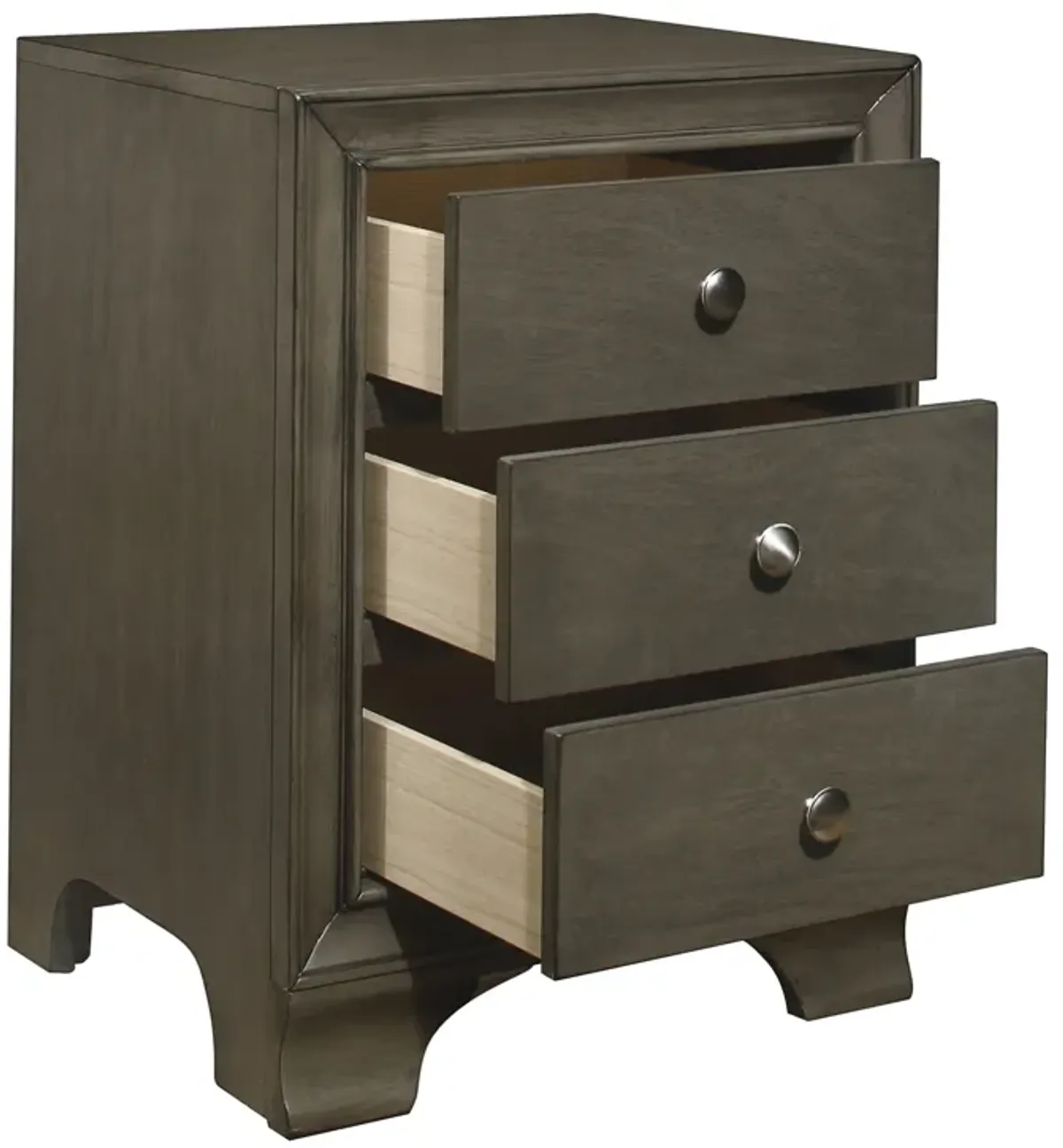 Folu 26 Inch Nightstand, USB Port, 3 Drawers with Chrome Knobs, Gray Finish - Benzara