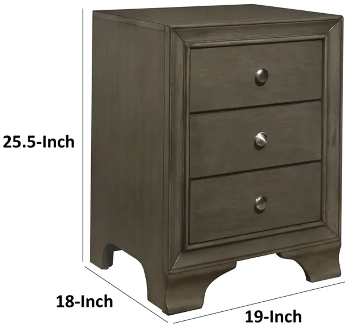 Folu 26 Inch Nightstand, USB Port, 3 Drawers with Chrome Knobs, Gray Finish - Benzara