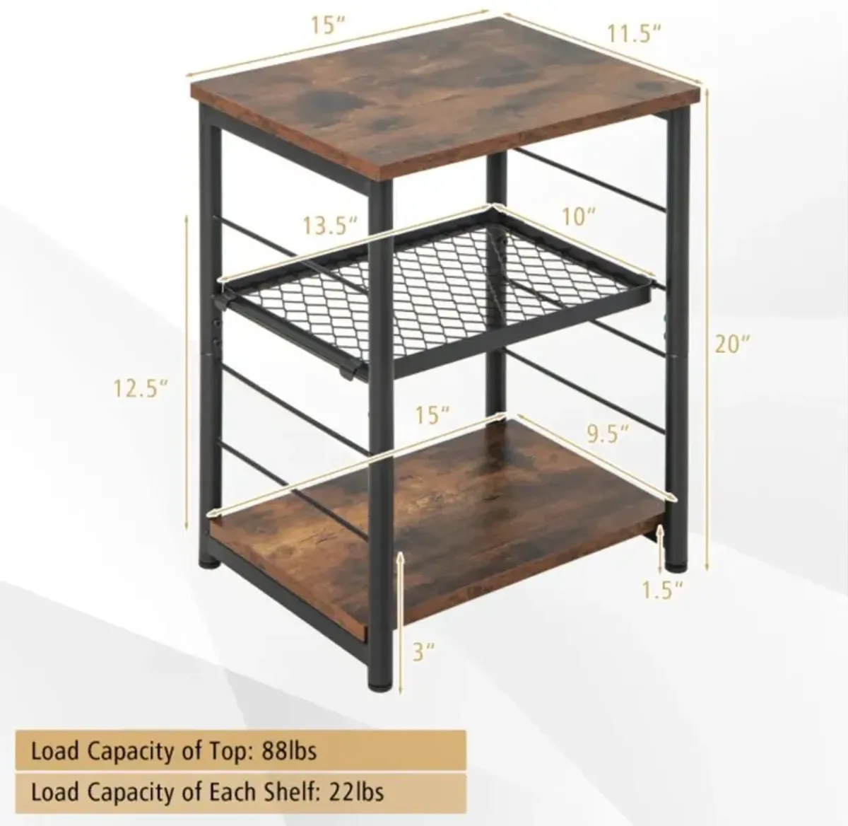 Hivvago 3-Tier Industrial Side Table with Adjustable Mesh Shelf-Rustic Brown