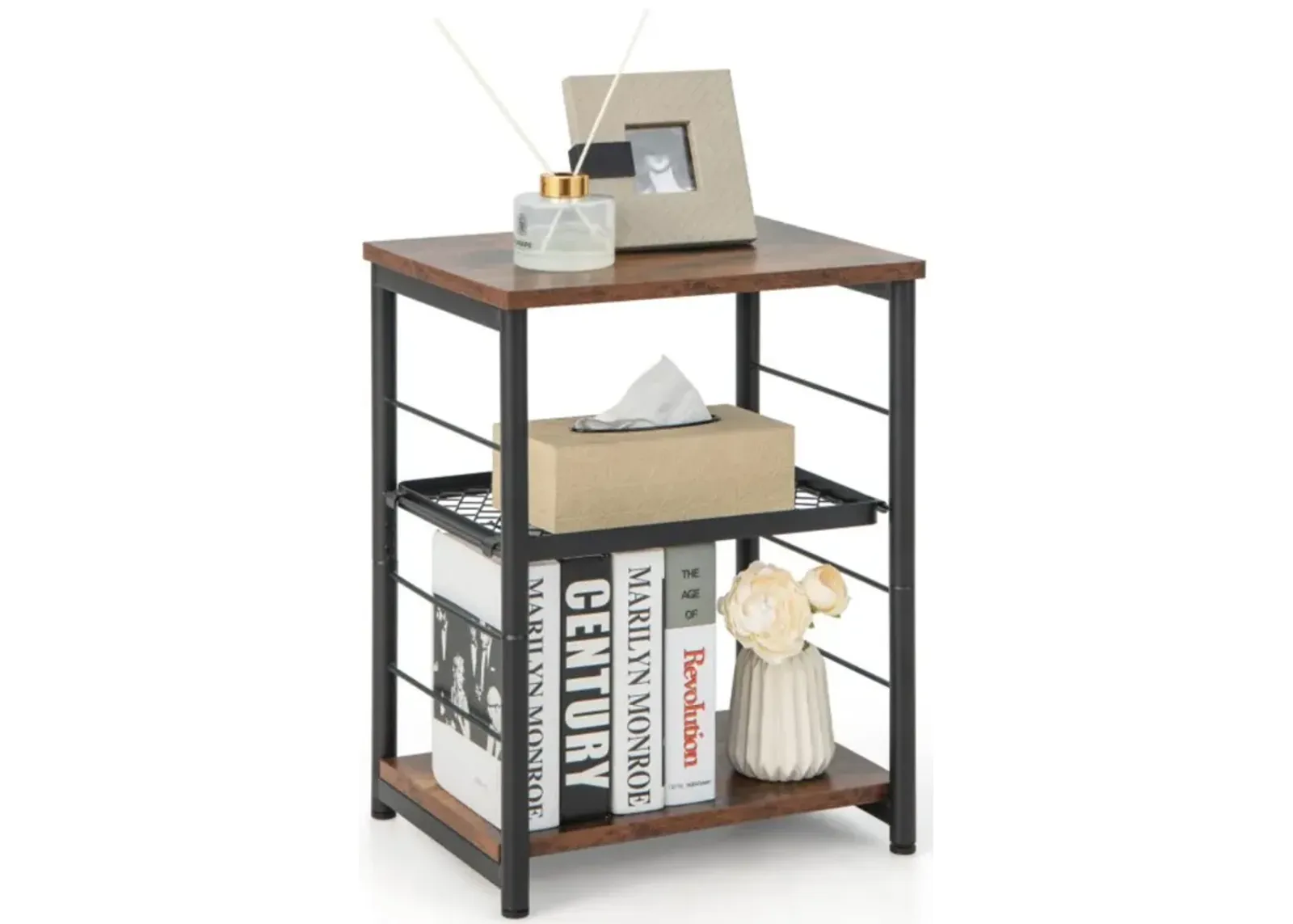 Hivvago 3-Tier Industrial Side Table with Adjustable Mesh Shelf-Rustic Brown