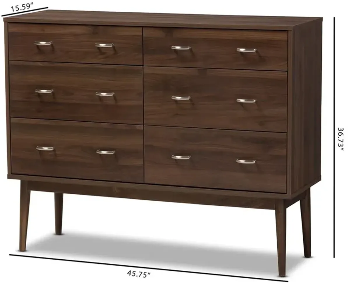 Baxton Studio Disa Mid-Century Modern Walnut Brown Finished 6-Drawer Dresser