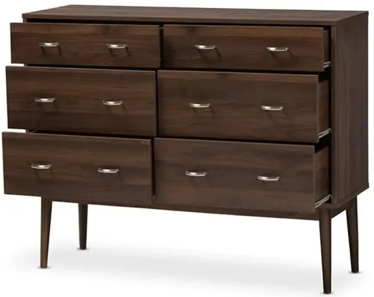 Baxton Studio Disa Mid-Century Modern Walnut Brown Finished 6-Drawer Dresser