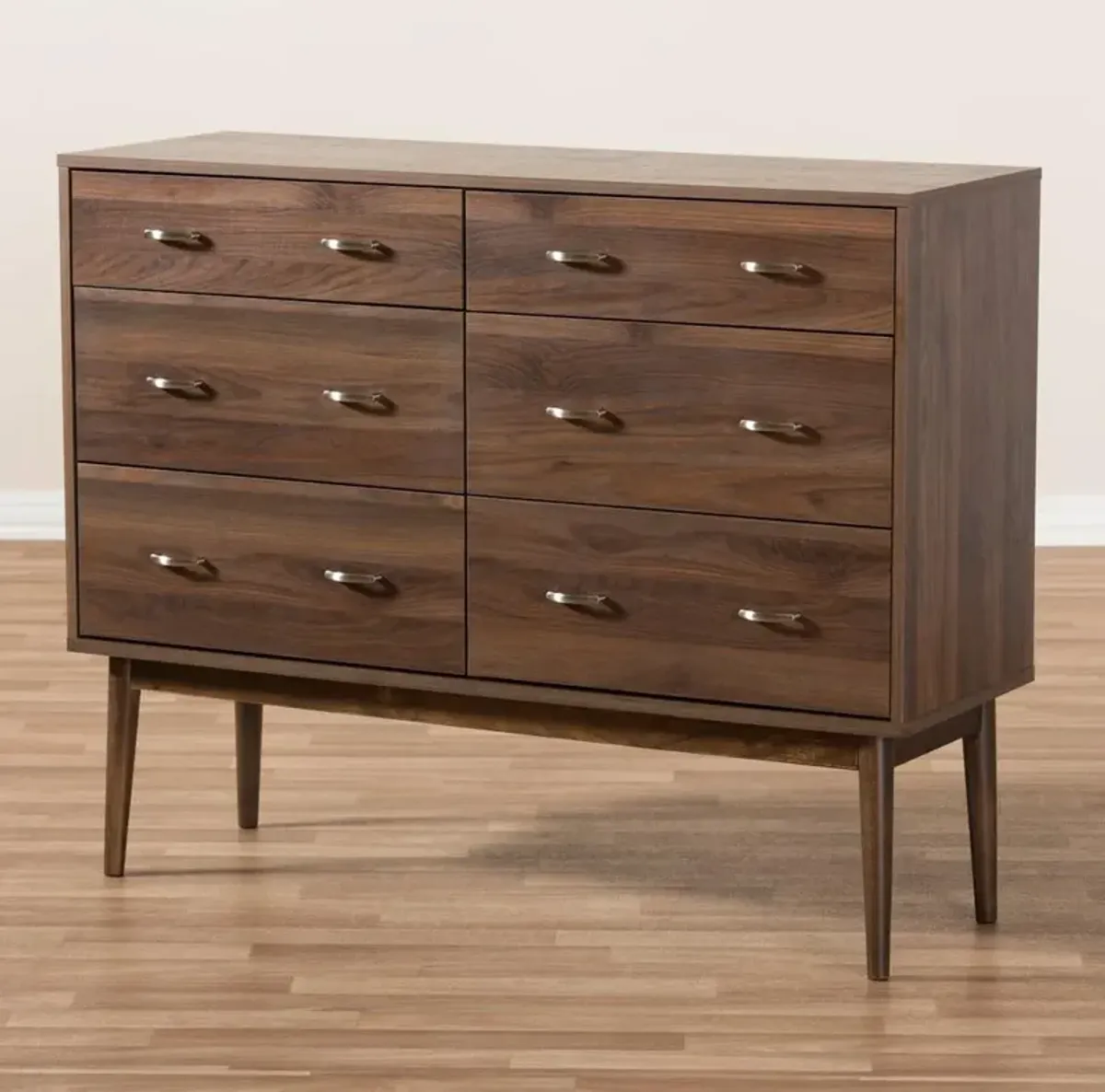 Baxton Studio Disa Mid-Century Modern Walnut Brown Finished 6-Drawer Dresser