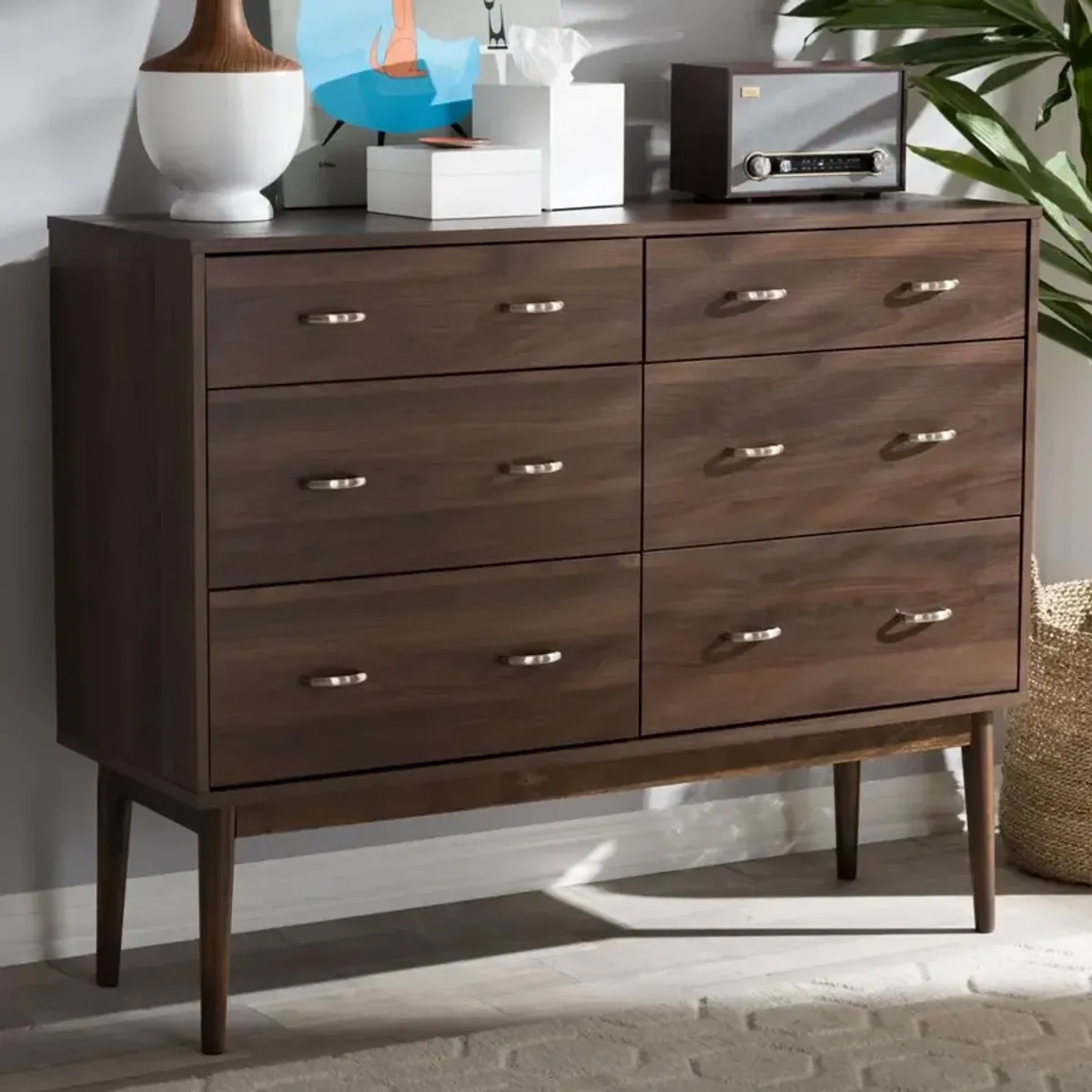 Baxton Studio Disa Mid-Century Modern Walnut Brown Finished 6-Drawer Dresser