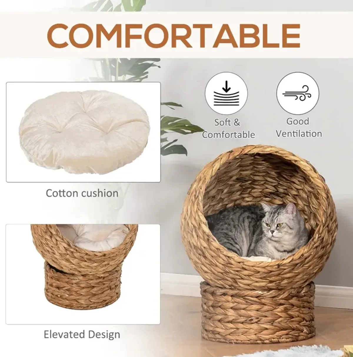 Cozy Cat Cocoon: Brown Wicker Egg-Shaped Elevated Feline Bed