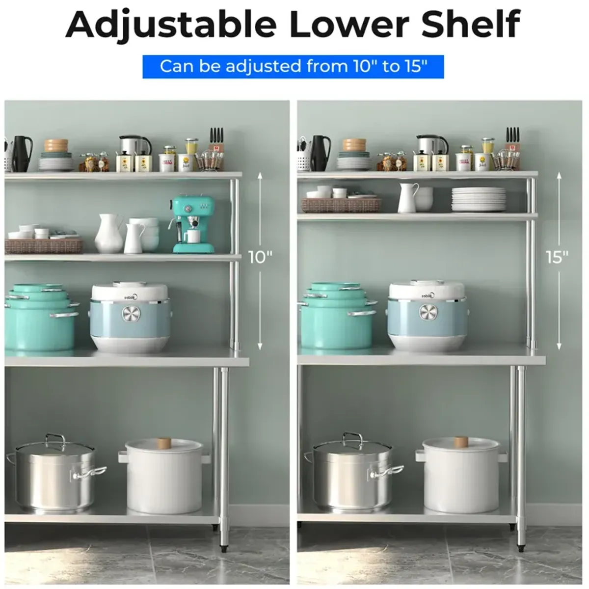 48 x 12 Inch Kitchen Stainless Steel Overshelf with Adjustable Lower Shelf