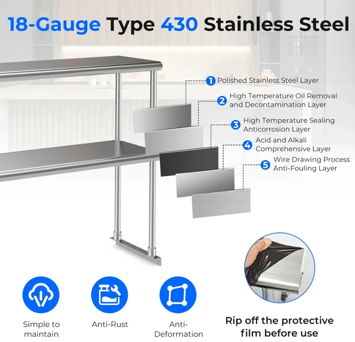 48 x 12 Inch Kitchen Stainless Steel Overshelf with Adjustable Lower Shelf