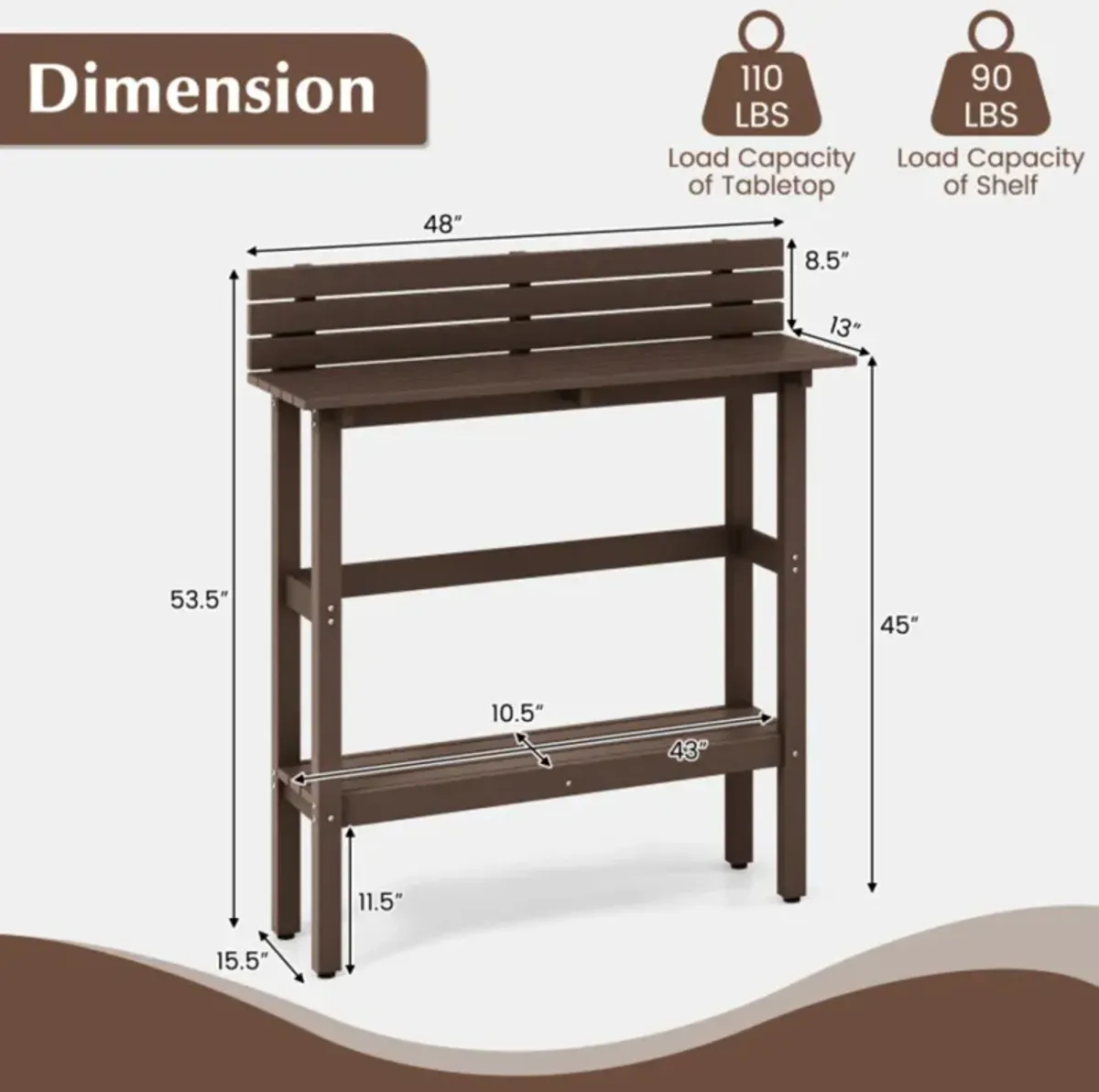 Hivvago 48" Patio Pub Height Table with Storage Shelf and Adjustable Foot Pads