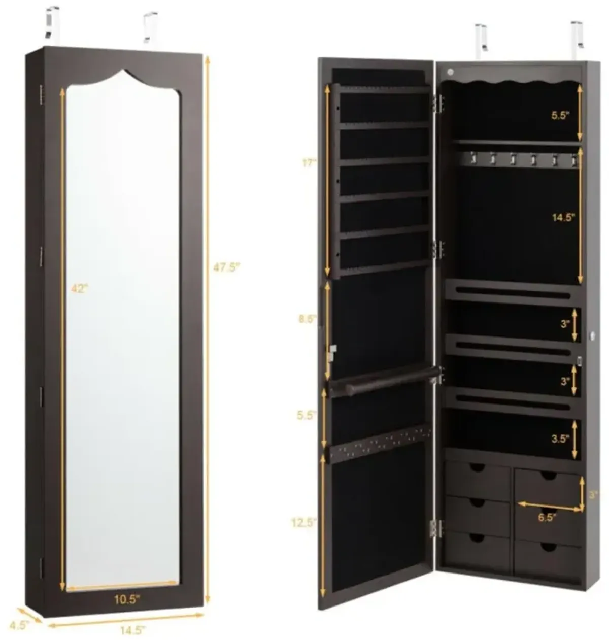 Hivvago Lockable Wall Mount Mirrored Jewelry Cabinet with LED Lights