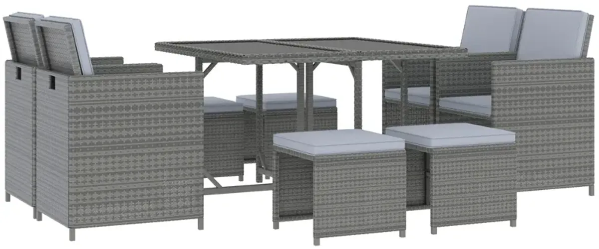 Grey Outdoor Dining: 9-Piece Rattan Wicker Set with Cushioned Chairs