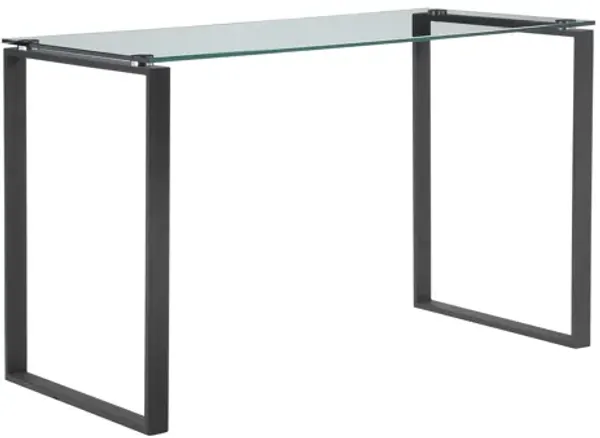 Elen 47 Inch Desk, Rectangular Tempered Glass, Black Powder Coated Metal - Benzara