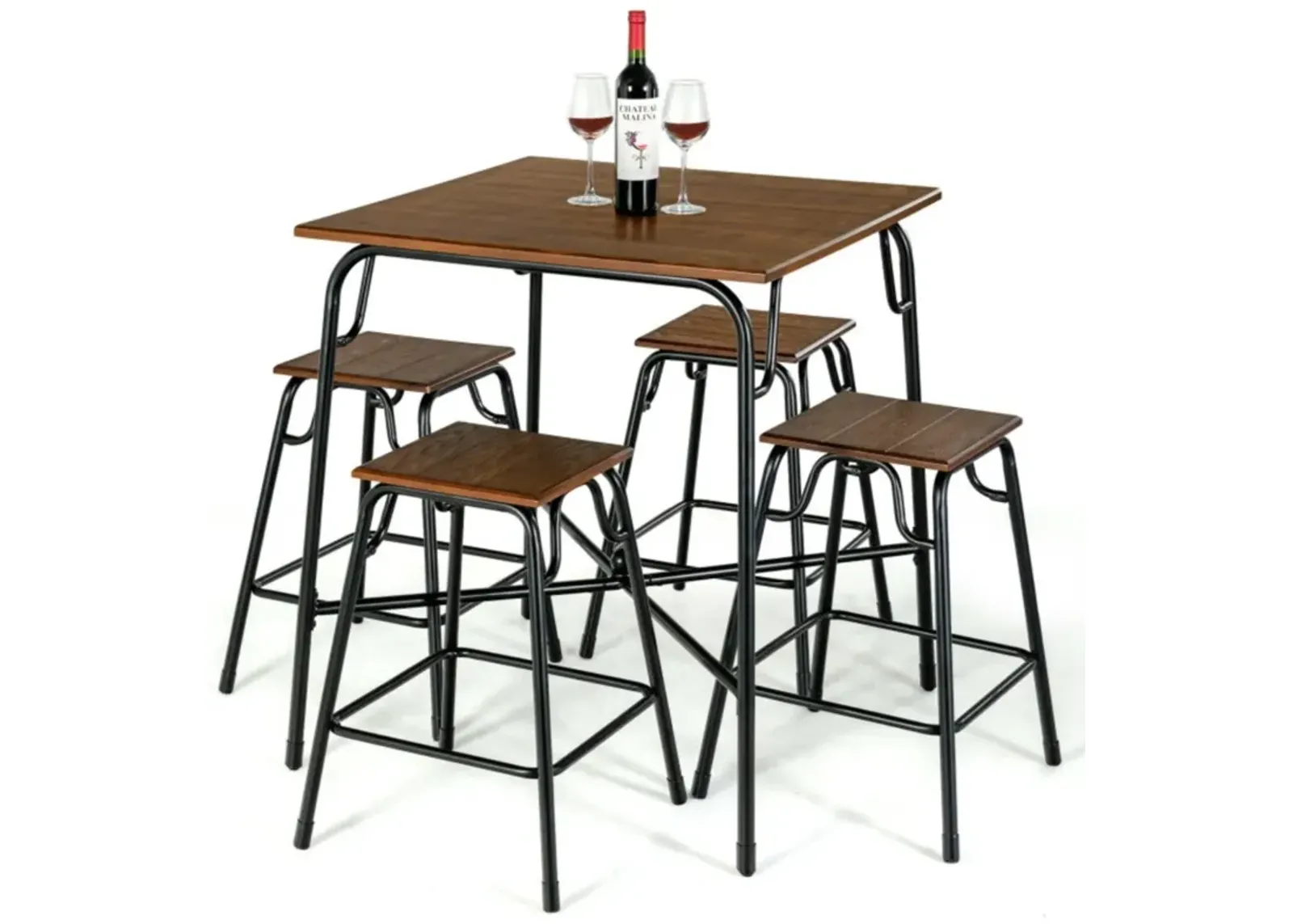 Hivvago 5 Pieces Bar Table Set with 4 Counter Height Backless Stools-Rustic Brown