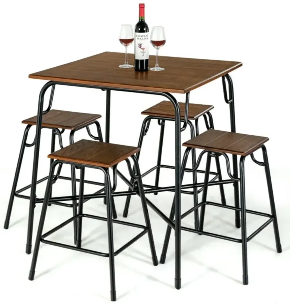 Hivvago 5 Pieces Bar Table Set with 4 Counter Height Backless Stools-Rustic Brown