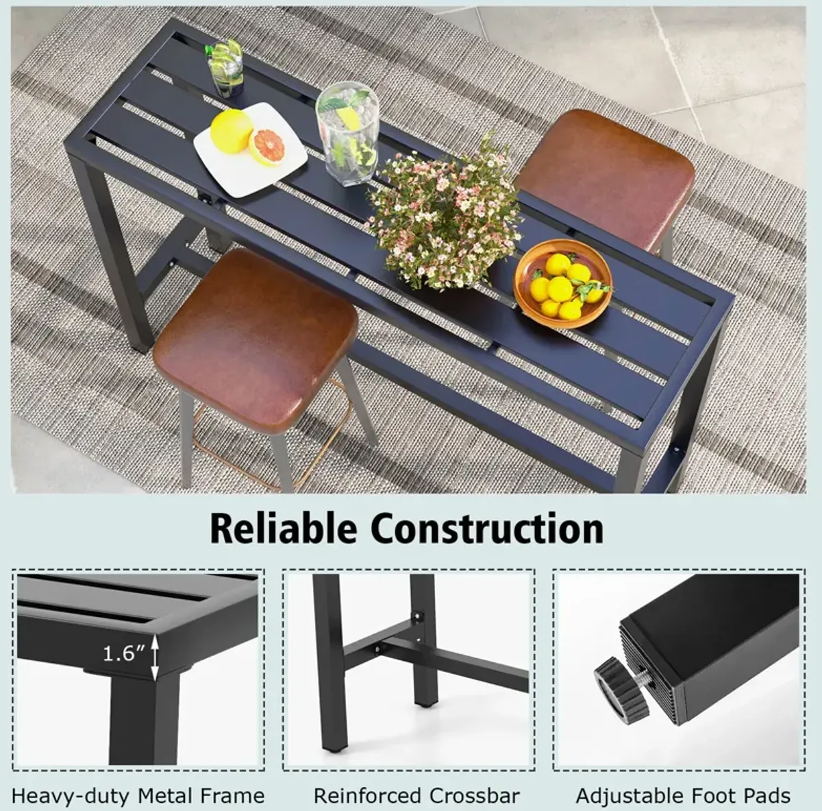 55 Inch Outdoor Bar Table with Waterproof Top and Heavy-duty Metal Frame