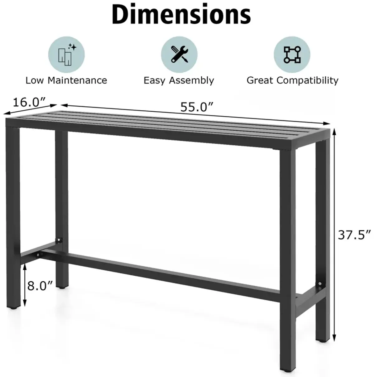 55 Inch Outdoor Bar Table with Waterproof Top and Heavy-duty Metal Frame