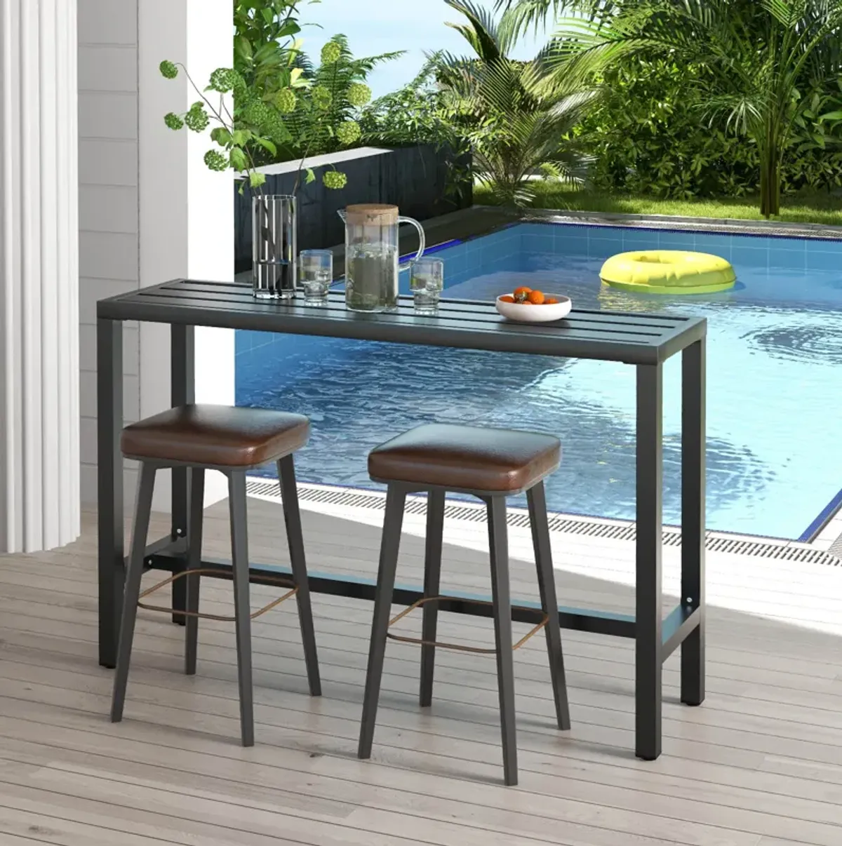 55 Inch Outdoor Bar Table with Waterproof Top and Heavy-duty Metal Frame