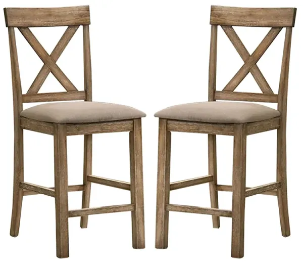 Sera 26 Inch Counter Height Chair, Set of 2, Brown Wood, Fabric Padded Seat-Benzara