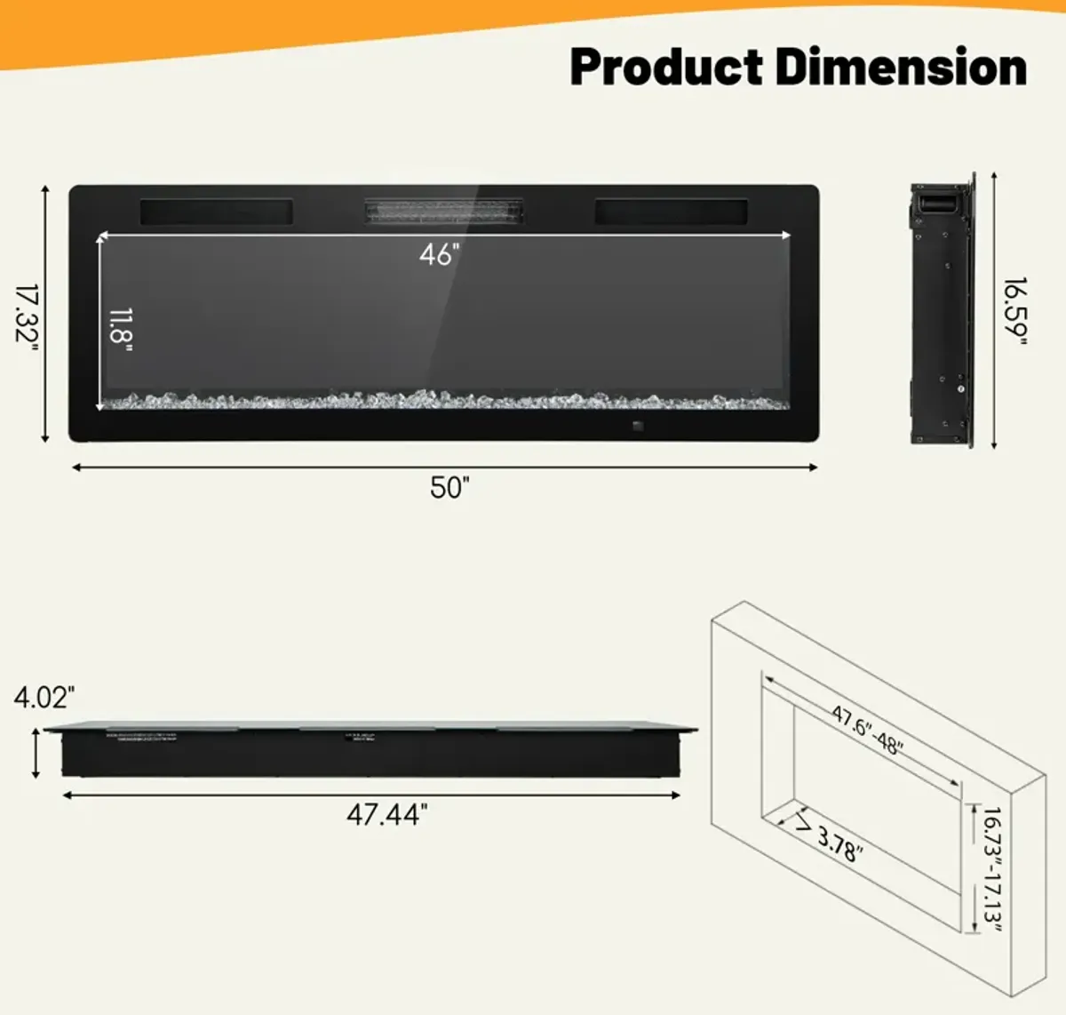 Electric Fireplace Recessed and Wall Mounted for 2' x 6' Stud