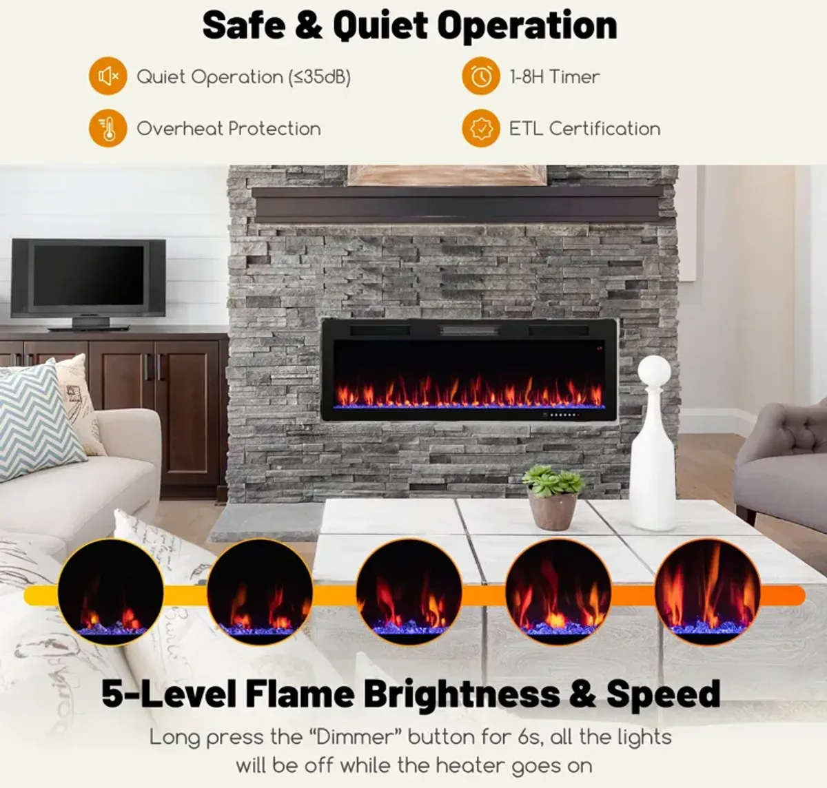 Electric Fireplace Recessed and Wall Mounted for 2' x 6' Stud