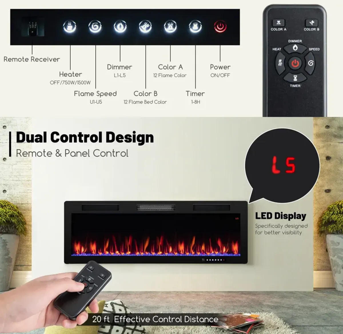 Electric Fireplace Recessed and Wall Mounted for 2' x 6' Stud