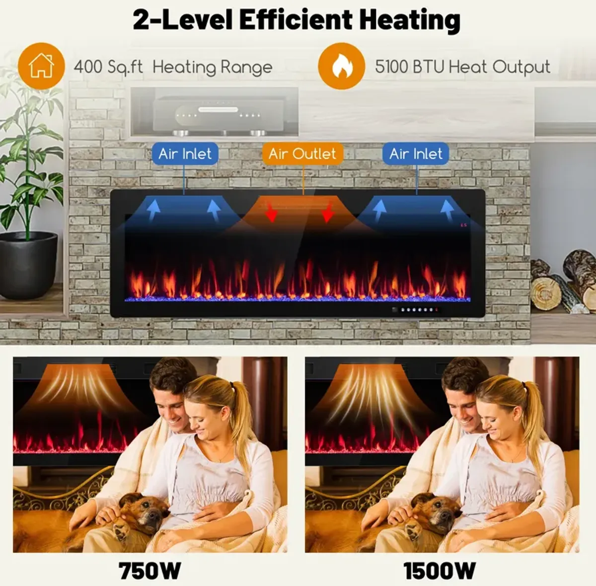 Electric Fireplace Recessed and Wall Mounted for 2' x 6' Stud