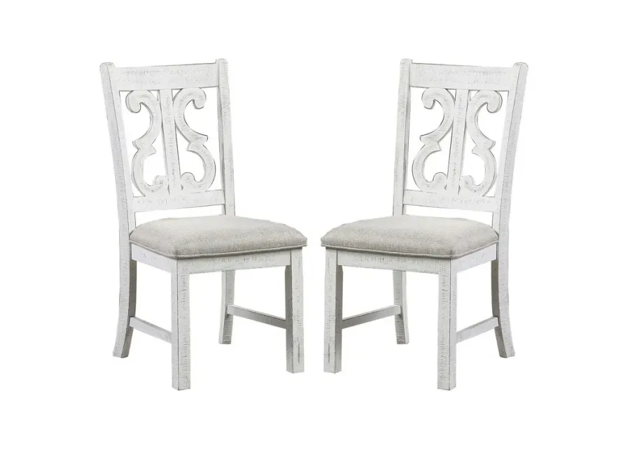 Open Scroll Back Wooden Side Chair with Padded Seat, Set of 2, White - Benzara