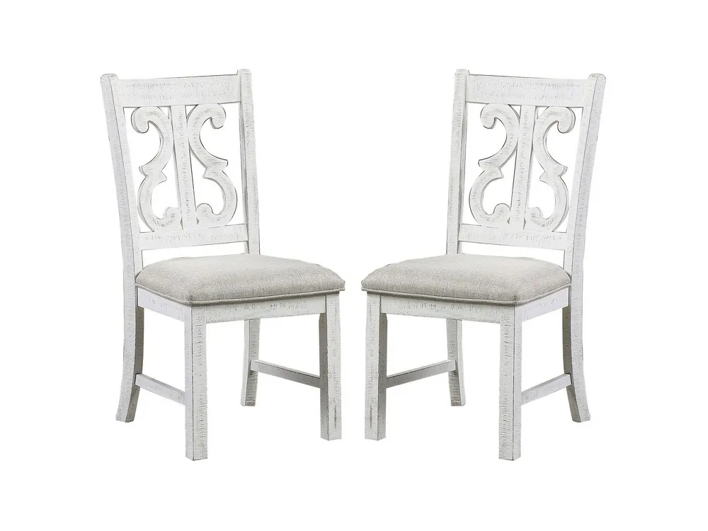 Open Scroll Back Wooden Side Chair with Padded Seat, Set of 2, White - Benzara