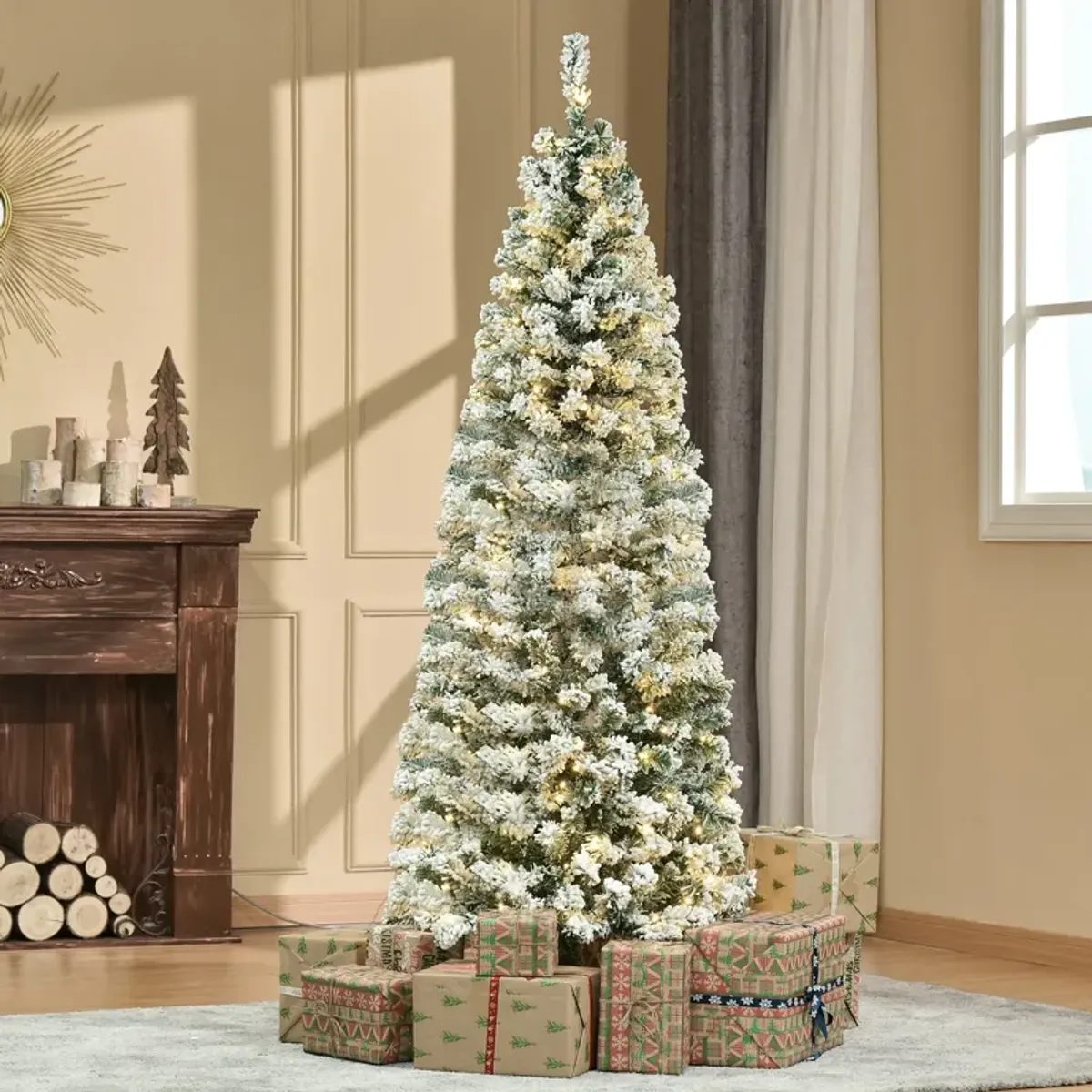 6' Pre-Lit Hinged Snow Flocked Pencil Artificial Christmas Tree w/ LED Lights