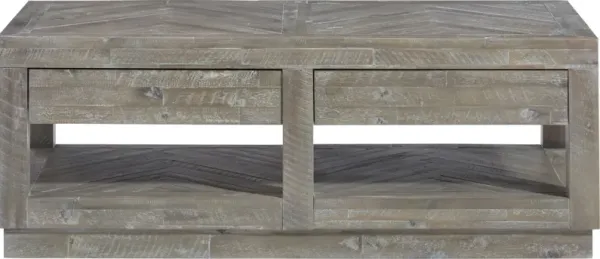 Herringbone Solid Wood Two Drawer Coffee Table in Rustic Latte