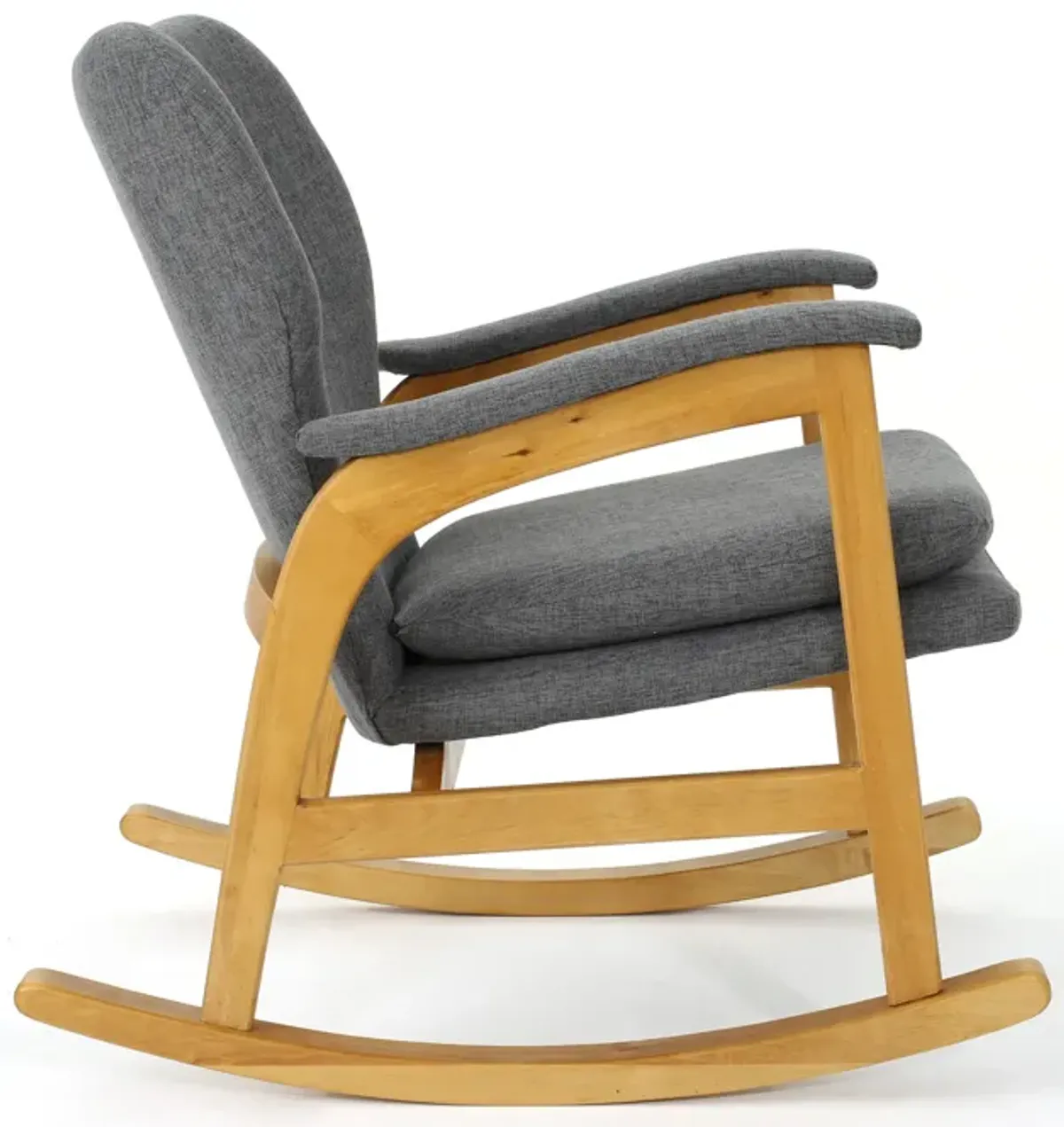 Erika Rocking Chair, Mid-Century Rubberwood, Button Tufted Gray Fabric - Benzara