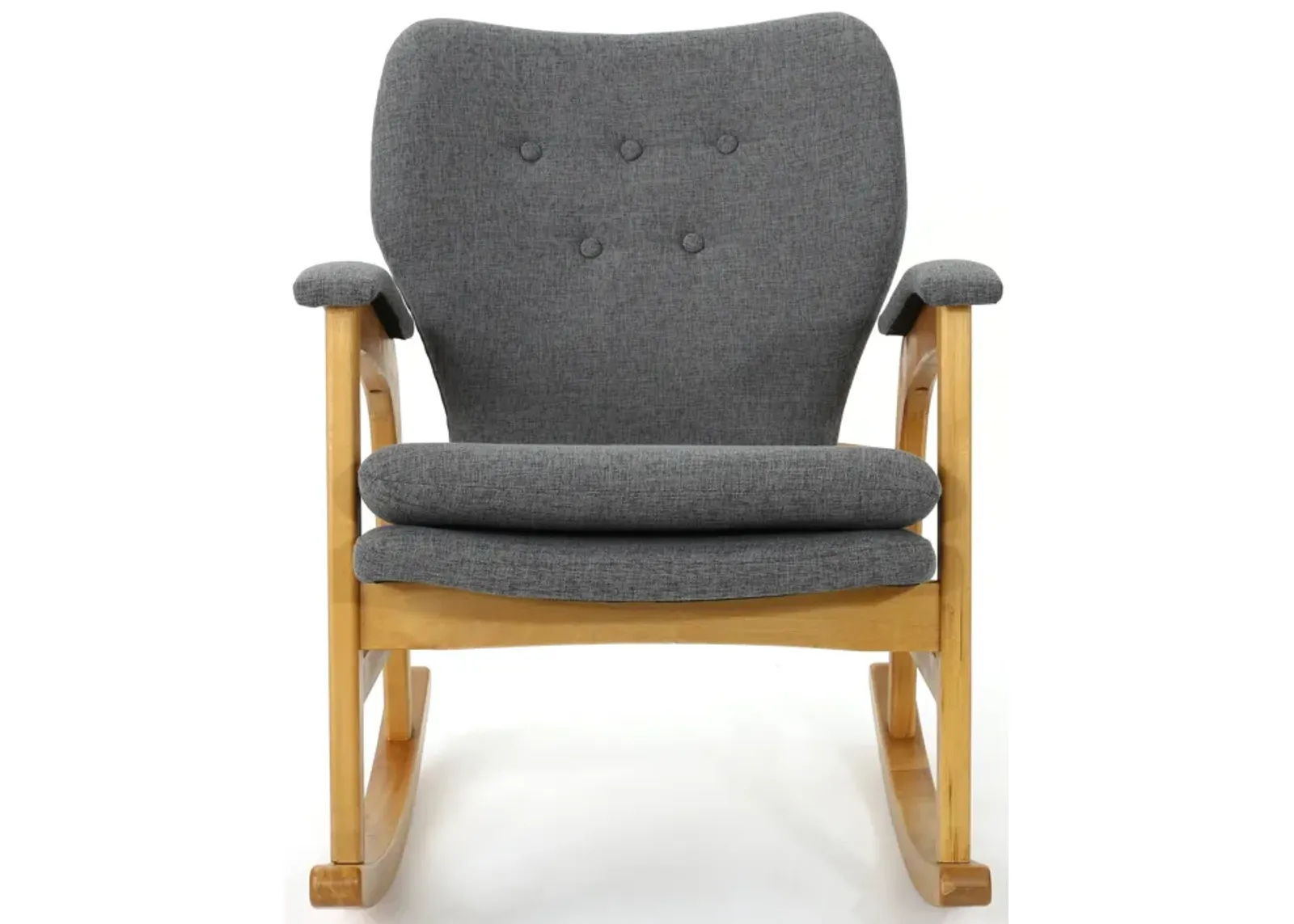 Erika Rocking Chair, Mid-Century Rubberwood, Button Tufted Gray Fabric - Benzara