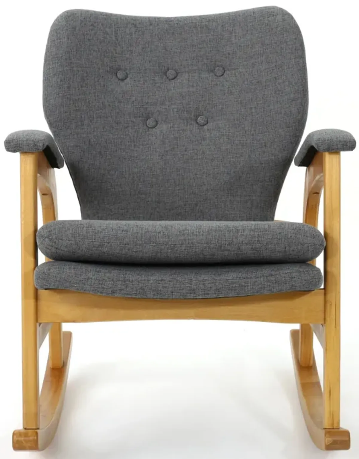 Erika Rocking Chair, Mid-Century Rubberwood, Button Tufted Gray Fabric - Benzara