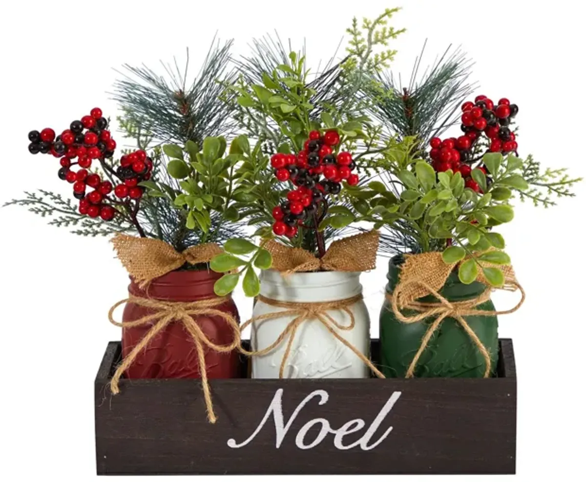 Nearly Natural 12-in Holiday Winter Pine and Berries Three Piece Mason Jar “Noel-in Table Christmas Artificial Arrangement Décor
