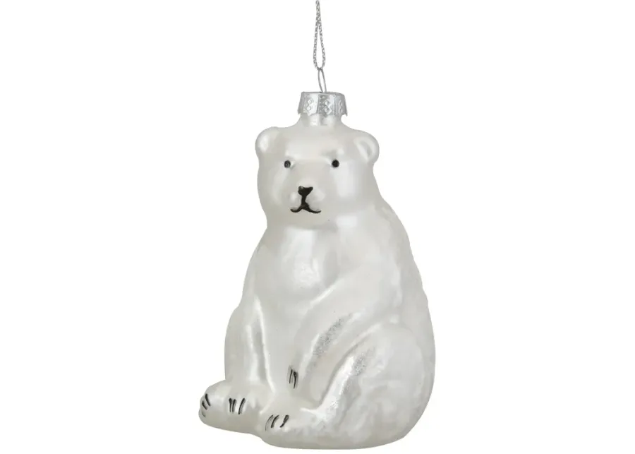 4"  White Glittered Polar Bear Glass Christmas Ornament