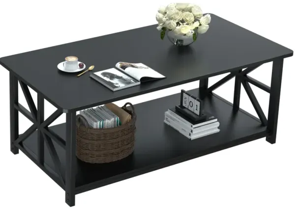 GreenForest Coffee Table with Round Corner, Farmhouse Center Table with 2-Tier Storage Shelf X-Frame Design for Living Room, 39