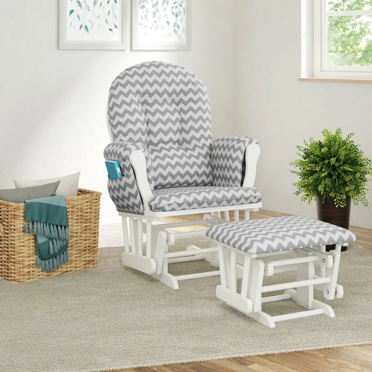 Storkcraft Hoop Glider and Ottoman - White with Gray Chevron