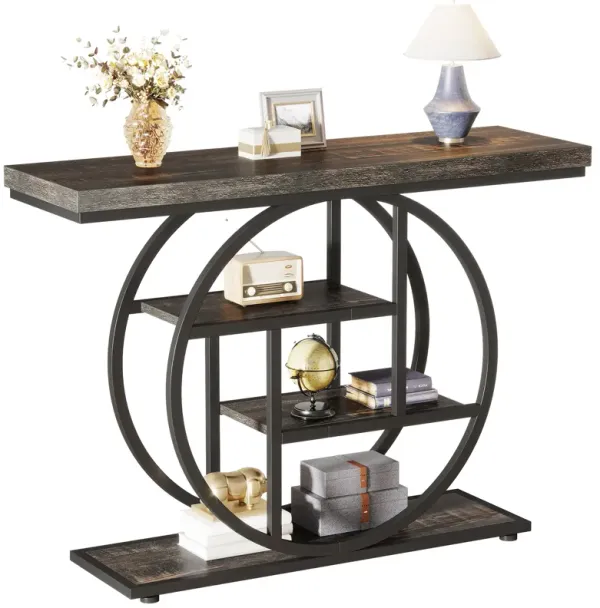 Tribesigns 41.3" Console Table, Industrial 4-Tier Sofa Table Entryway Table with Circle Base, Narrow Wood Accent Tables with Storage Shelves for Living Room, Hallway, Foyer, Charcoal Black