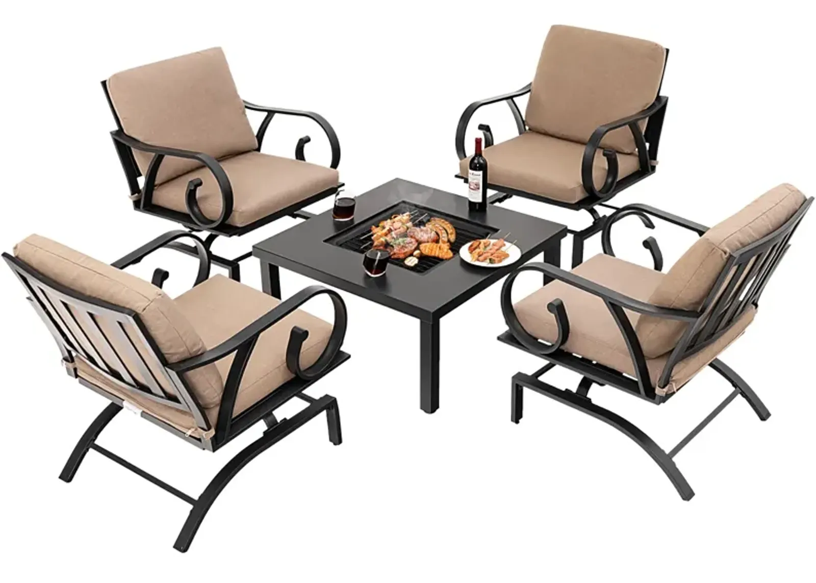 5 Pieces Patio Rocking Chairs and 4-in-1 Fire Pit Table with Fire Poker