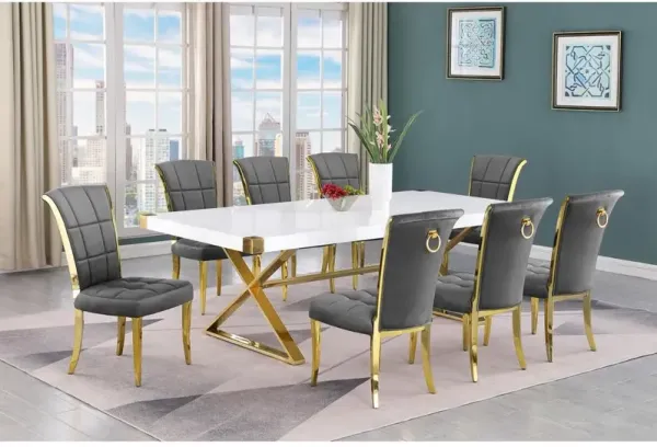 Best Quality Furniture 9pc Large(94) white wood top dining set with gold base and 8 chairs