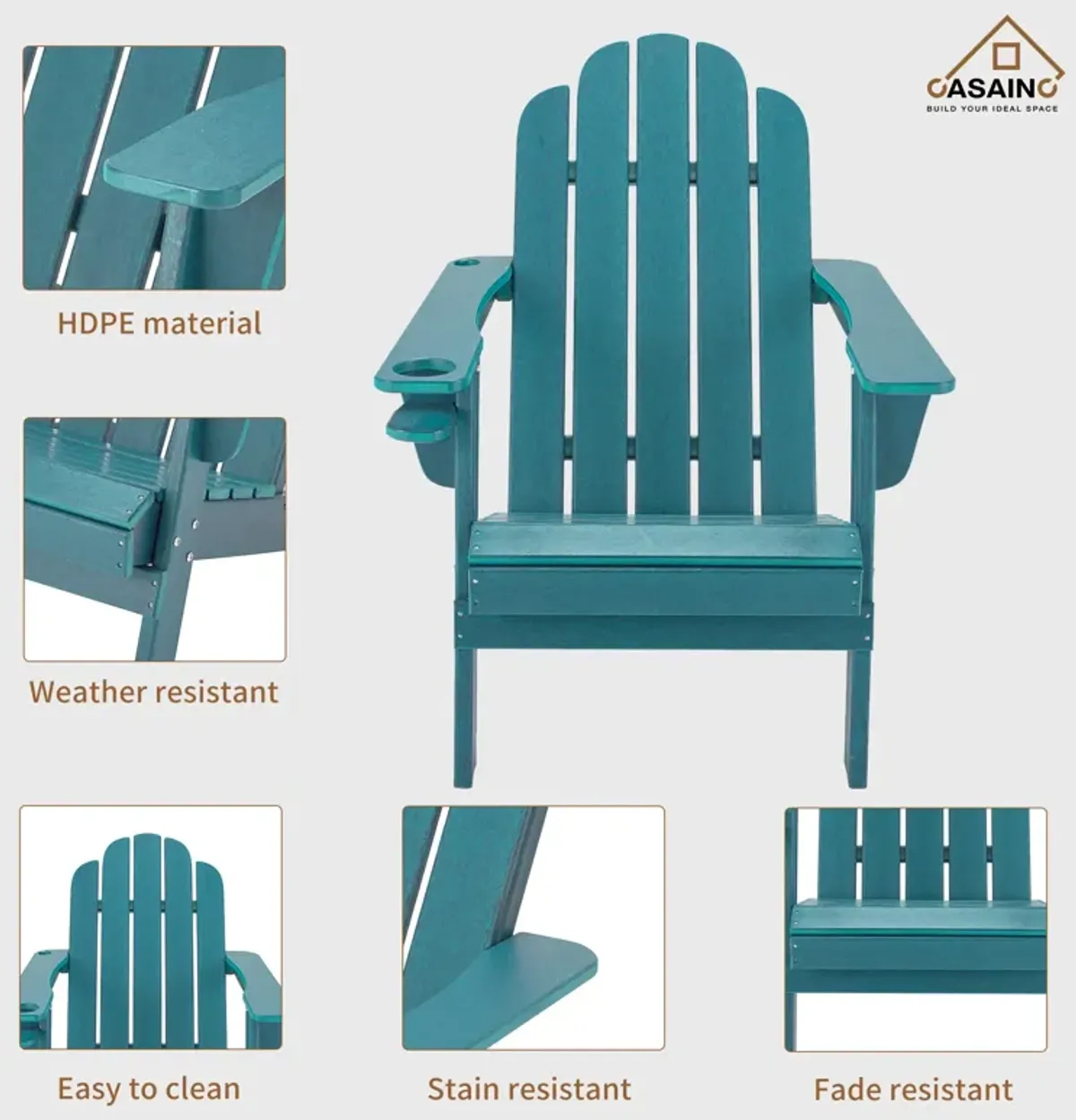 Traditional Curveback Plastic Patio Adirondack Chair with Cup Holder and umbrella holder Outdoor